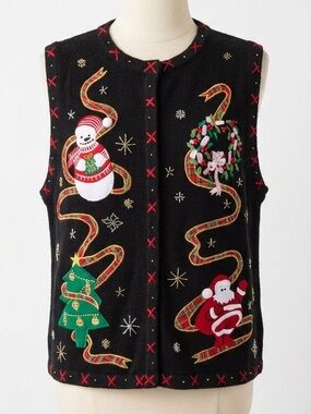 All Points Vtg Y2K Sweater Vest Christmas Embroidered Snowman Santa Knit Size L
